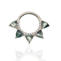 Moss agate and cubic zirconia hinged clicker body jewelry in 16g, featuring a stylish gemstone design and secure hinge closure.