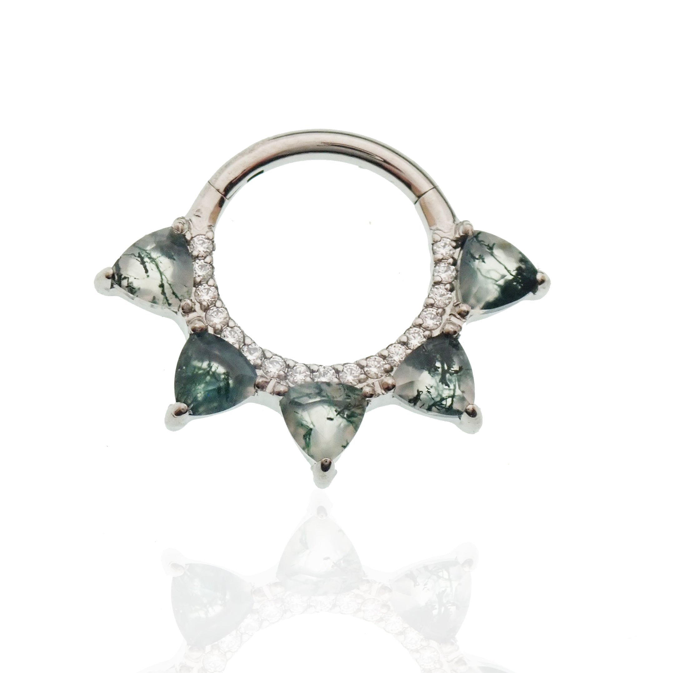 Moss agate and cubic zirconia hinged clicker body jewelry in 16g, featuring a stylish gemstone design and secure hinge closure.