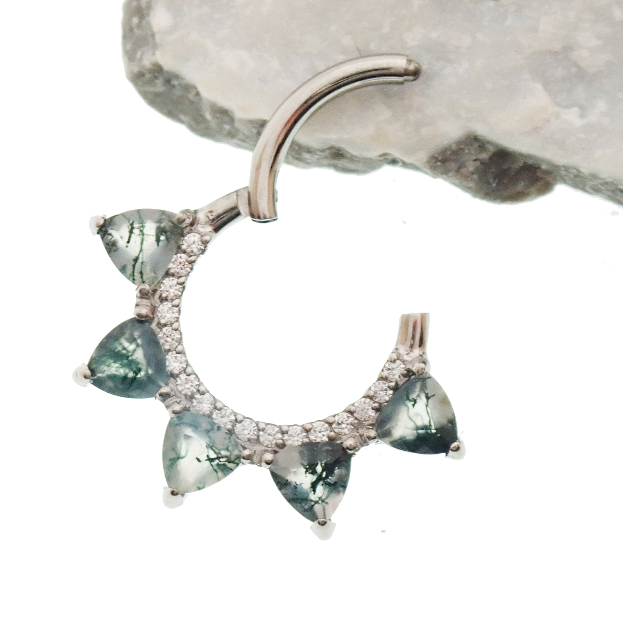 Moss agate and cubic zirconia hinged clicker body jewelry in 16g, featuring natural stone and sparkling accents.