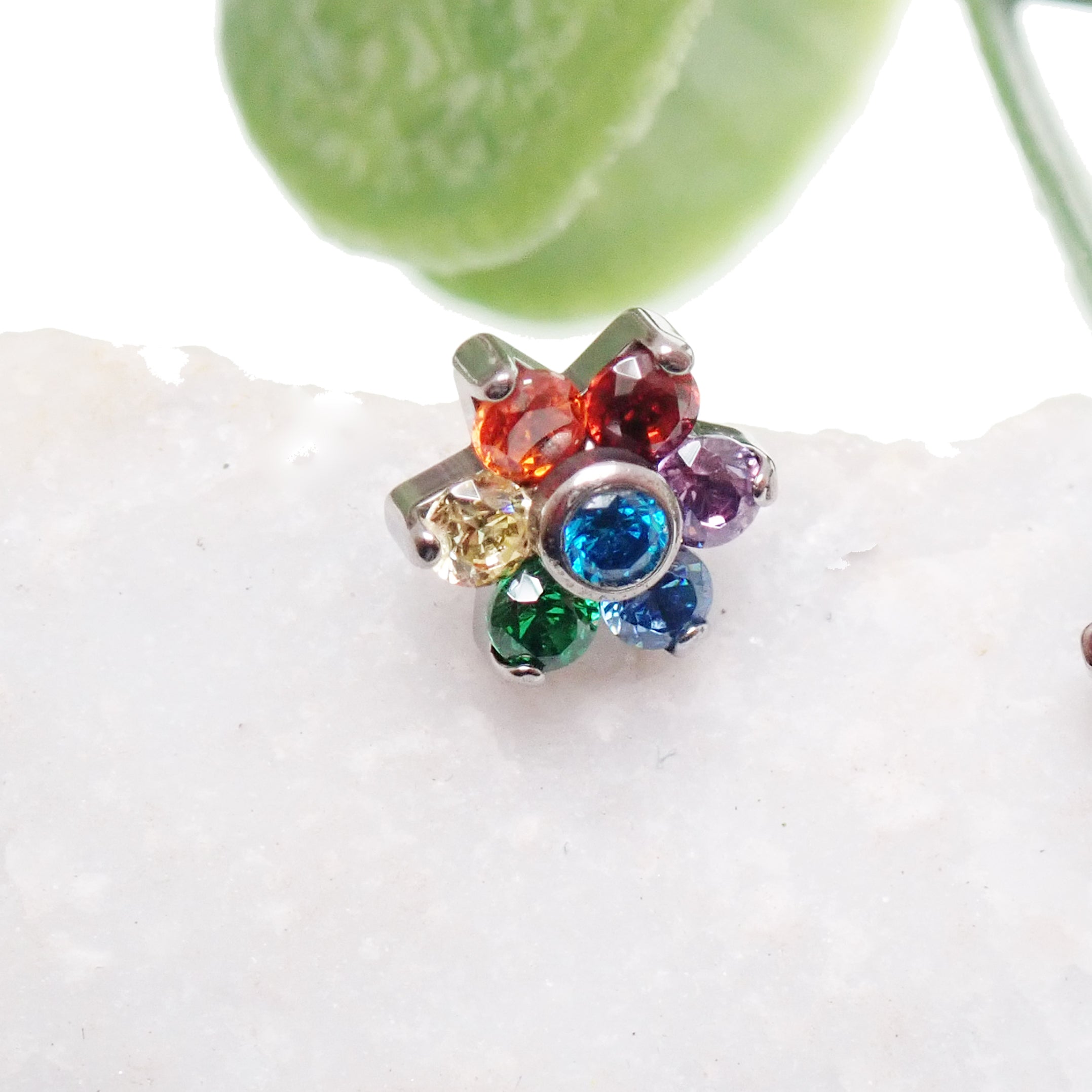 Multi CZ flower design dermal top for belly piercing, Body Clickers Body Jewelry, 14g loose top with decorative floral pattern.