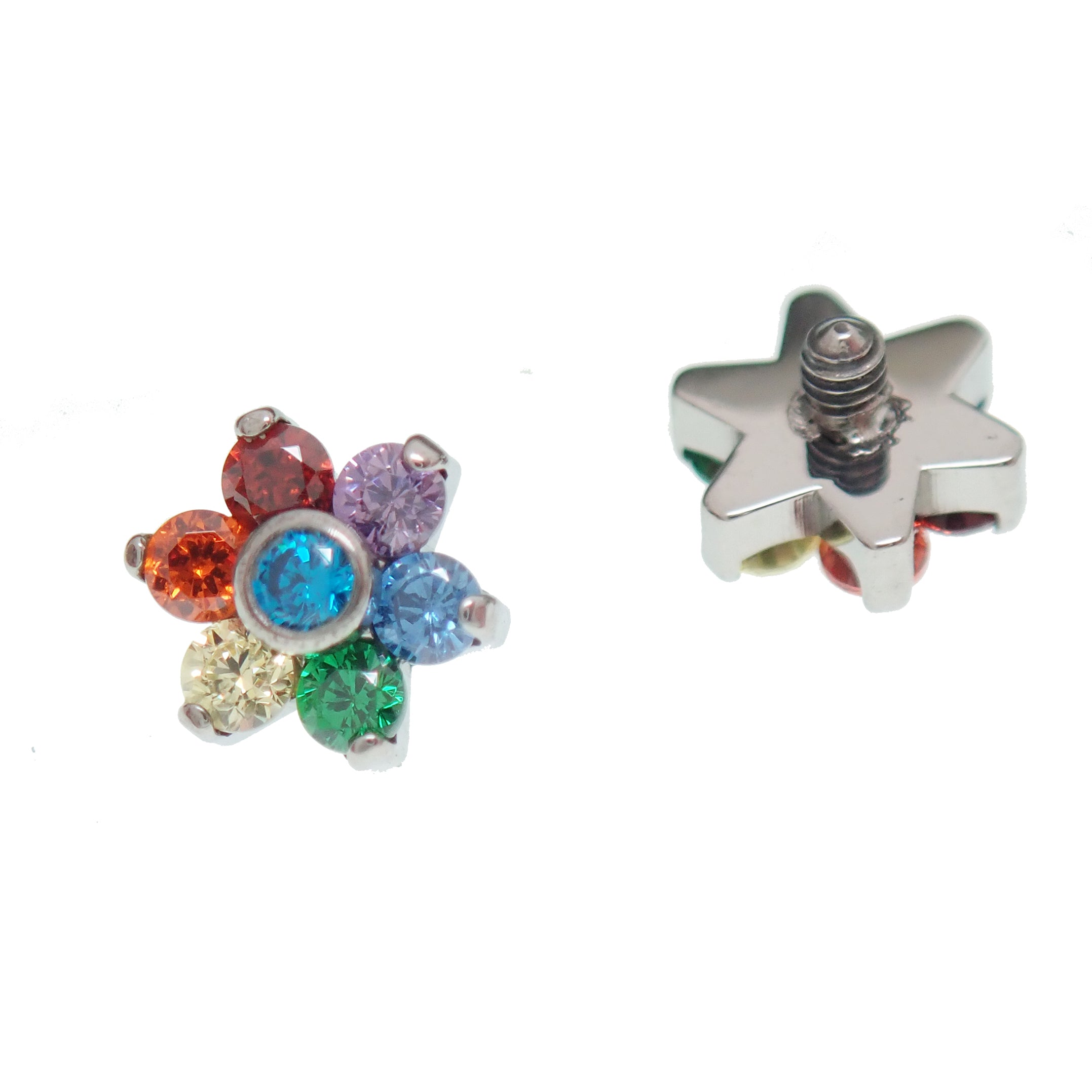 Multi CZ flower top dermal belly loose top, 14g body jewelry by Body Clickers with colorful floral design.