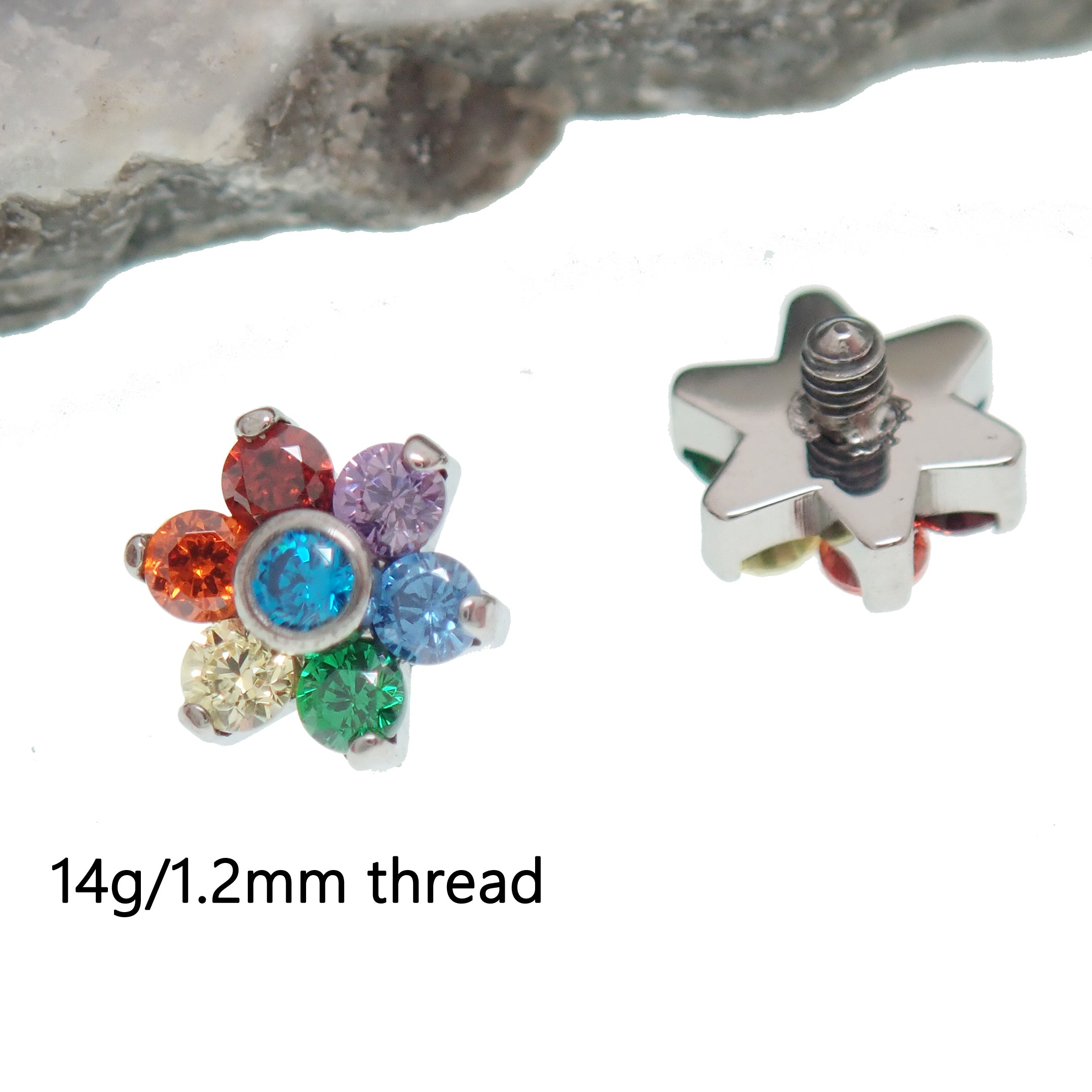 Multi CZ flower top dermal and belly loose top in 14g Body Clickers Body Jewelry, featuring colorful floral design and jewelry details.