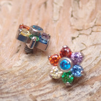 Multi CZ flower design dermal belly top jewelry in 14g, featuring a loose fit and floral accents by Body Clickers Body Jewelry