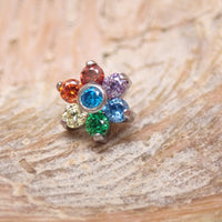 Multi CZ flower design dermal top for belly piercing, 14g Body Clickers Body Jewelry, loose-fitting top with colorful floral accents.