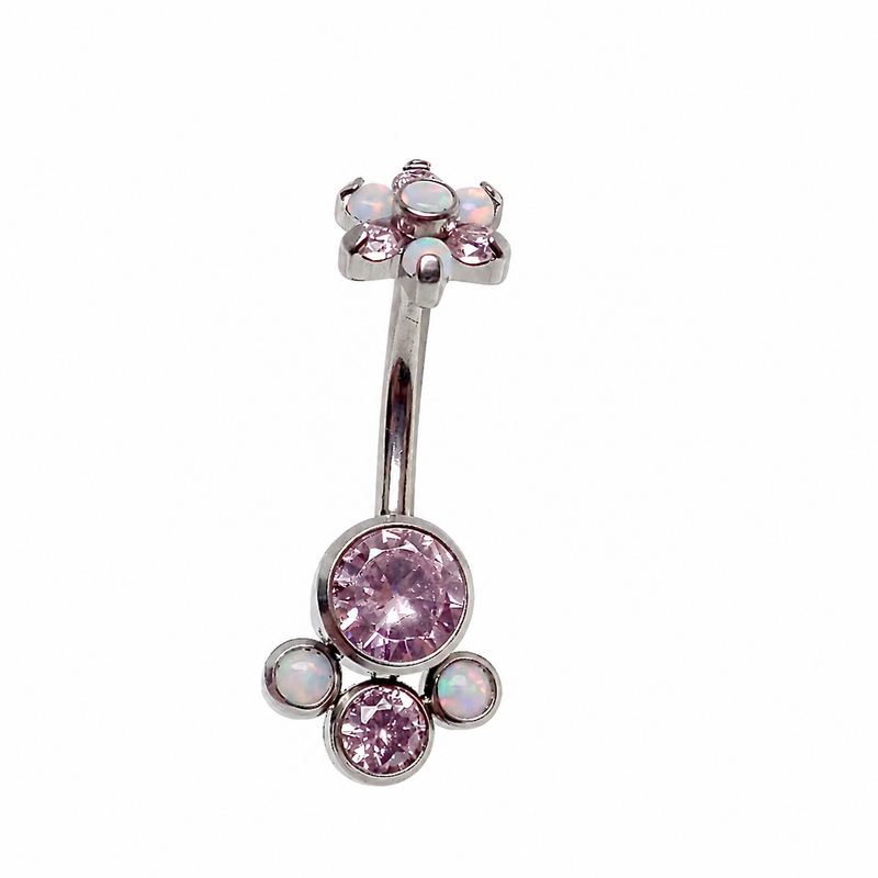 Rose Swarovski and opal flower belly ring in 14g body jewelry by Body Clickers, featuring a decorative floral design.