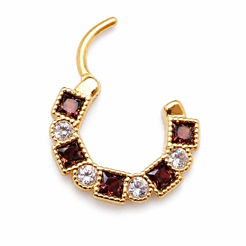 Steel clicker body jewelry lined with amber and clear CZ stones, 16g, featuring a sleek, modern design for pierced ears or cartilage.