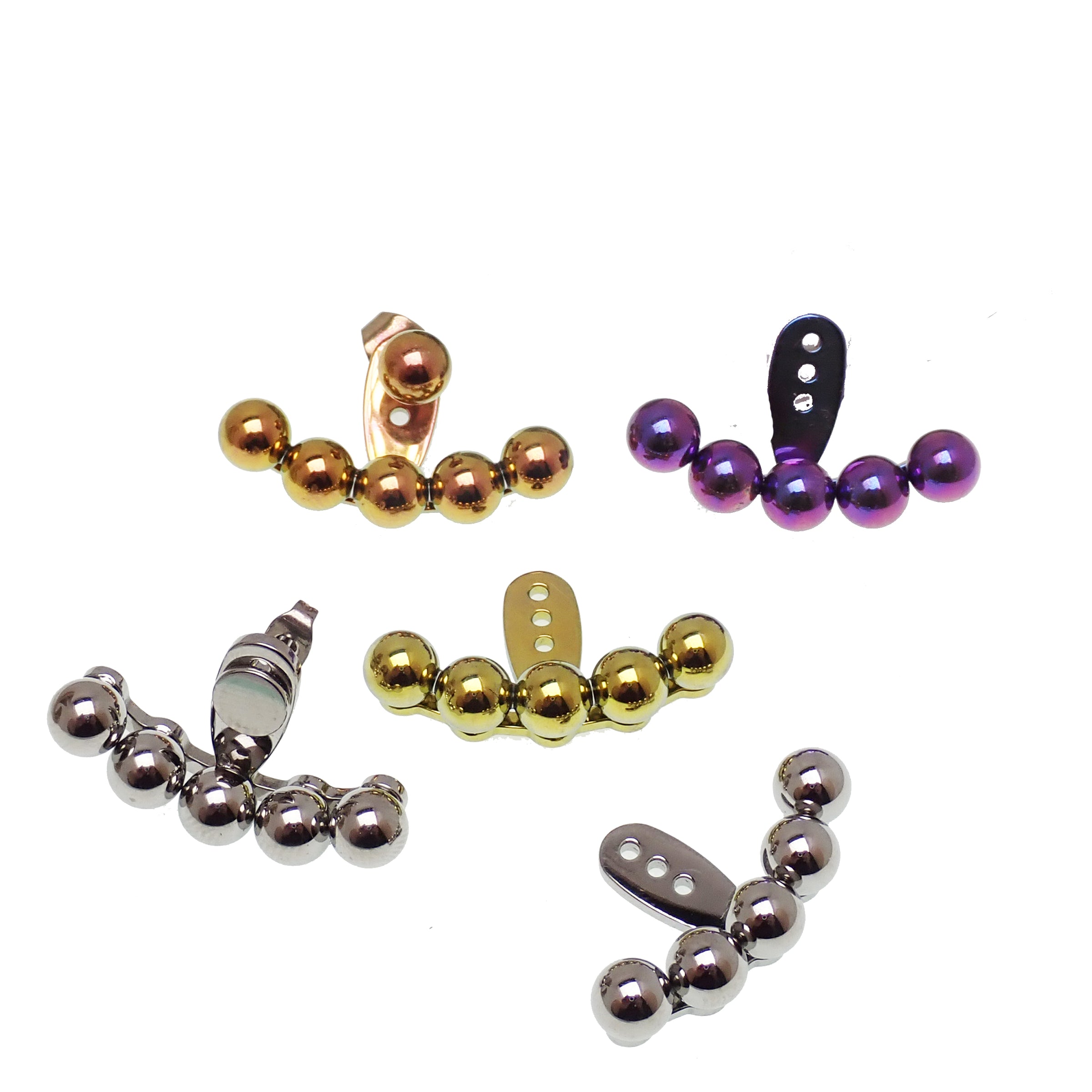 Pair of Body Clickers titanium implant earrings with jacket hangers, featuring ball design and sleek, modern jewelry style.