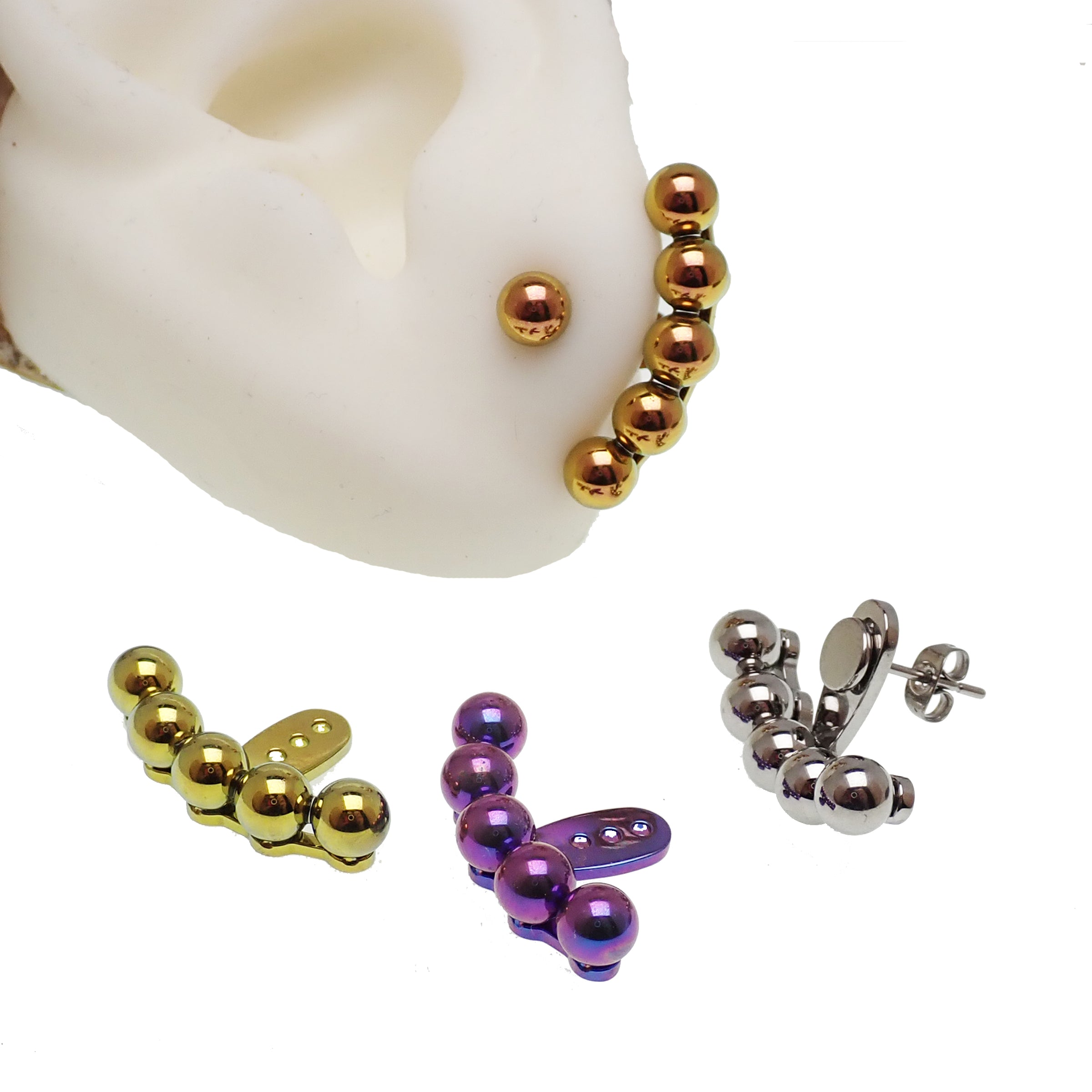 Pair of Body Clickers titanium implant earrings with jacket hangers, featuring ball design and secure post for body jewelry.