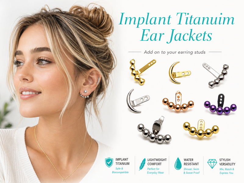 Pair of Body Clickers Titanium Implant Earrings with jacket hangers, featuring ball design and sleek, modern jewelry style.
