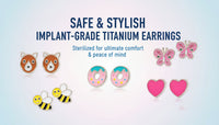 Sterilized titanium earrings with pink donut, bear, and heart designs from Body Clickers Body Jewelry, ideal for body piercing.