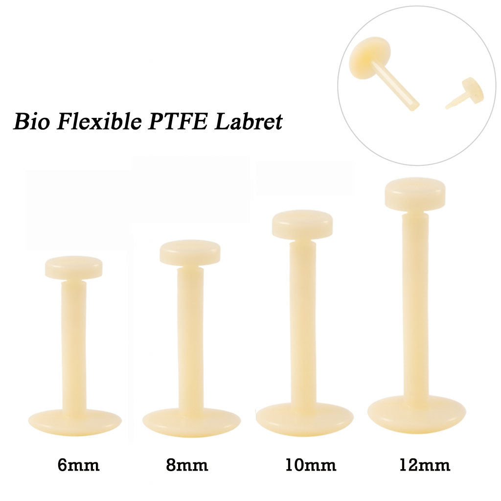 Pair of Body Clickers hypoallergenic Bio Flexible PTFE flat back labret piercings, 16g, 6mm, for discreet body jewelry.