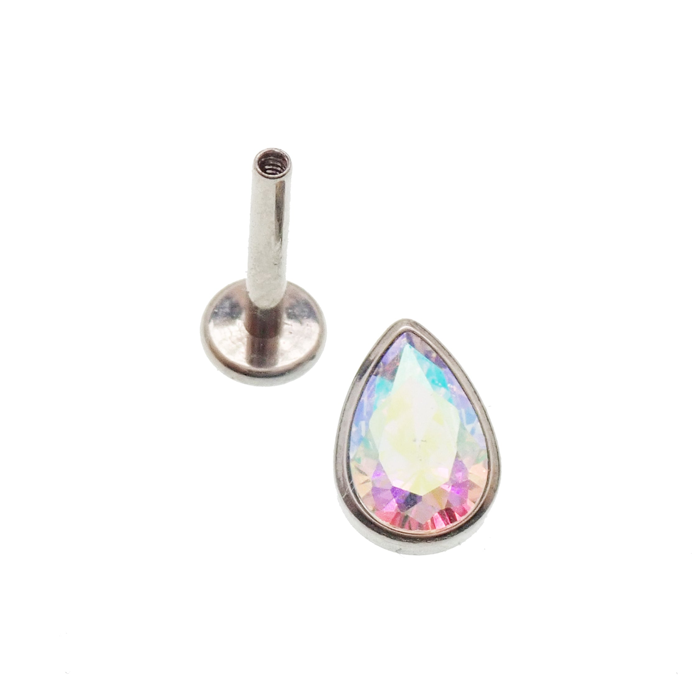 Large CZ teardrop flat back body jewelry by Body Clickers in 14g, 16g, 18g with garnet-colored CZ and 6mm size.