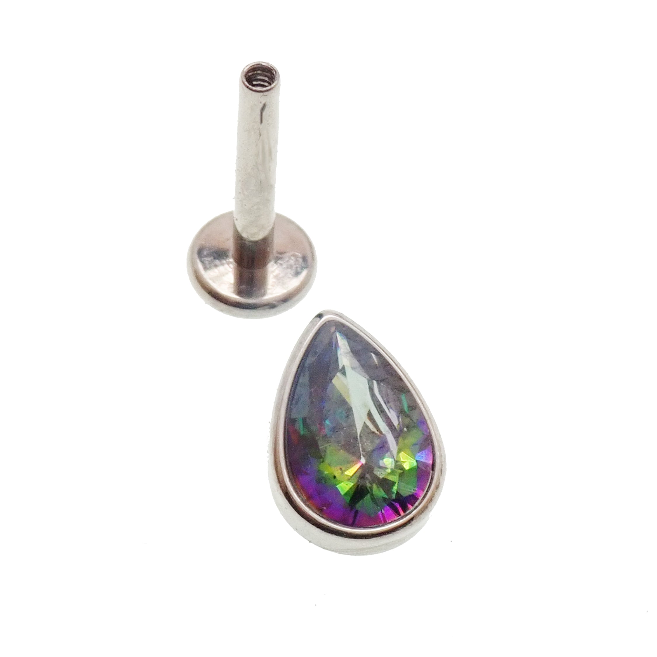 Large CZ teardrop flat back body jewelry by Body Clickers in 14g, 16g, 18g with a 6mm garnet-colored CZ gemstone.