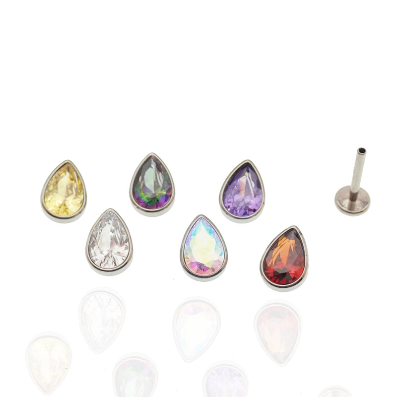 Large CZ teardrop flat back body jewelry by Body Clickers in 14g, 16g, 18g with 6mm garnet-colored CZ stone.