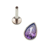 Large CZ teardrop flat back body jewelry in 14g, 16g, and 18g sizes by Body Clickers, featuring a garnet-colored teardrop design.