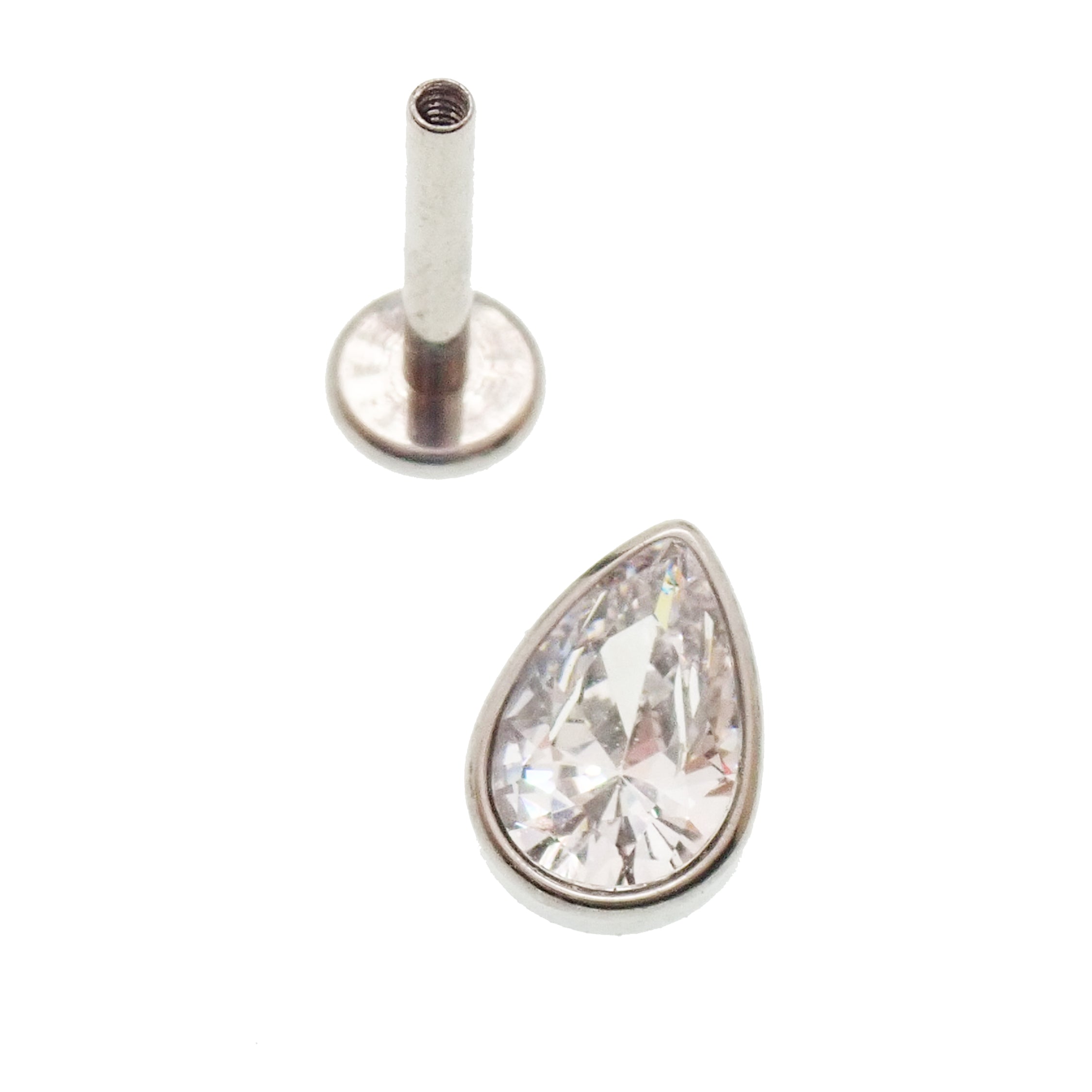 Large CZ teardrop flat back body jewelry by Body Clickers in 14g, 16g, 18g with garnet-colored CZ and 6mm size.