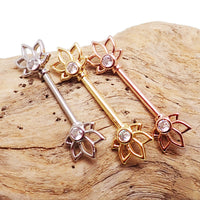 Gold, rose gold, and silver steel nipple bar jewelry by Body Clickers, 14g, featuring a sleek and polished body jewelry design.