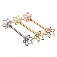 Gold, rose gold, and silver steel nipple bar jewelry in 14g with a sleek body clickers design.
