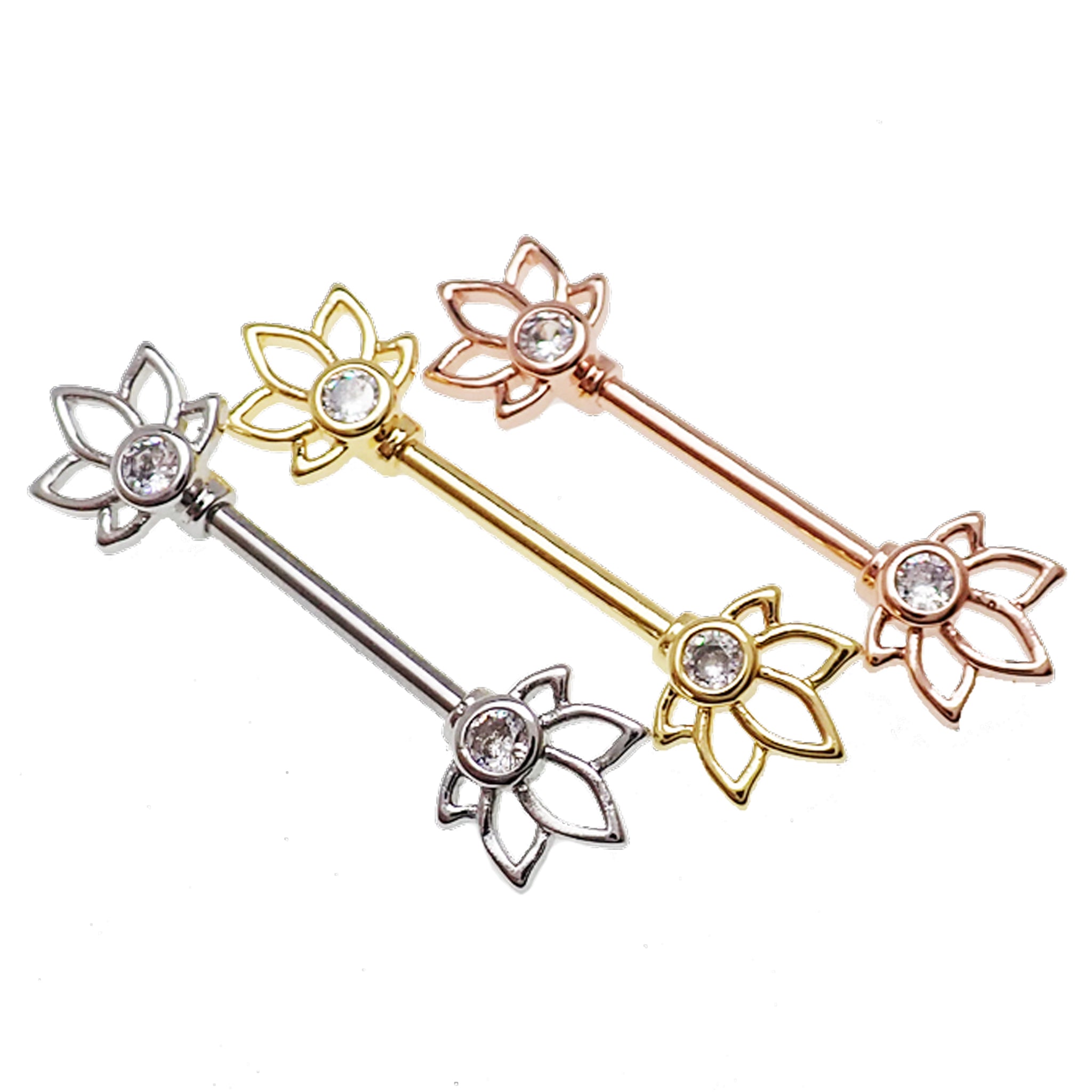 Gold, rose gold, and silver steel nipple bar jewelry in 14g with a sleek body clickers design.