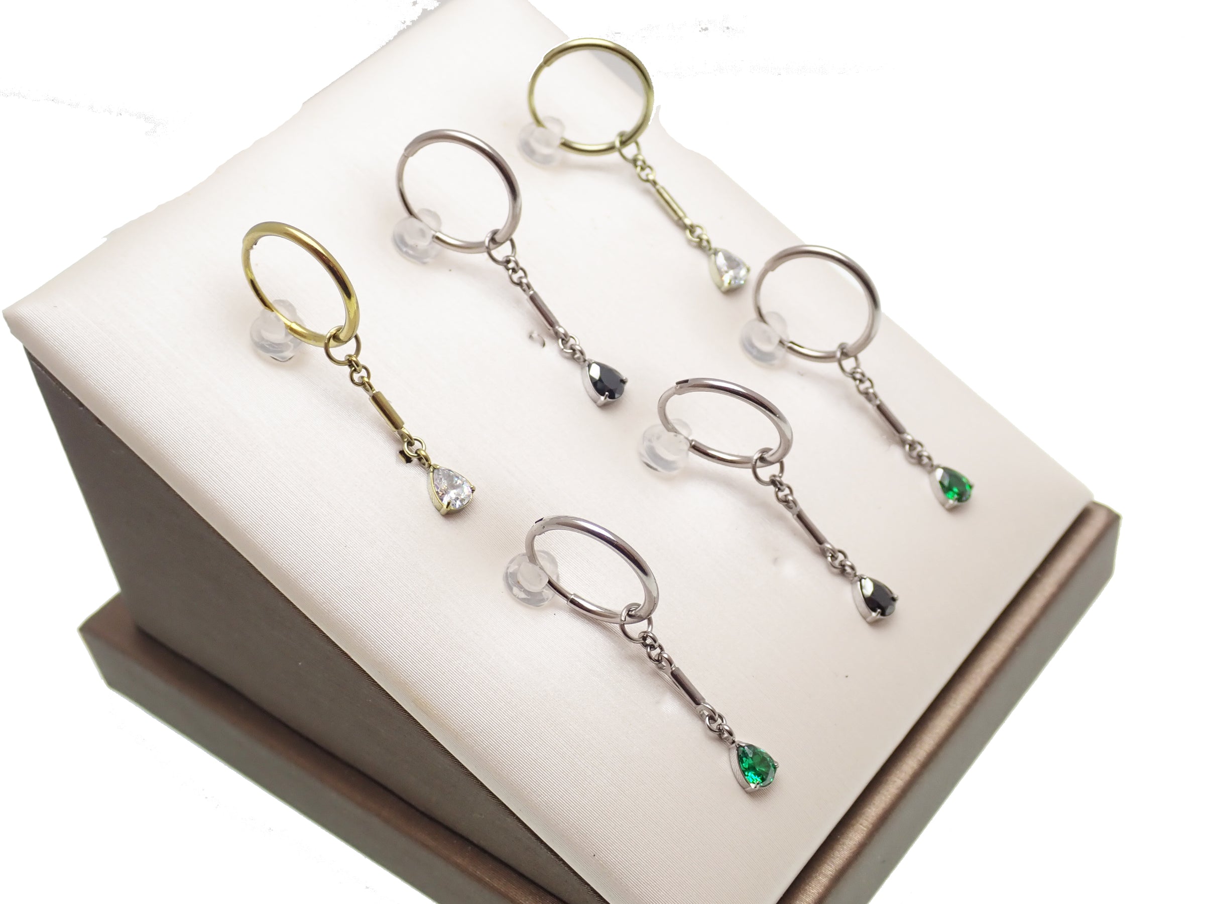 Green 8mm 20g titanium hoop earring with charm dangle, body jewelry by Body Clickers.
