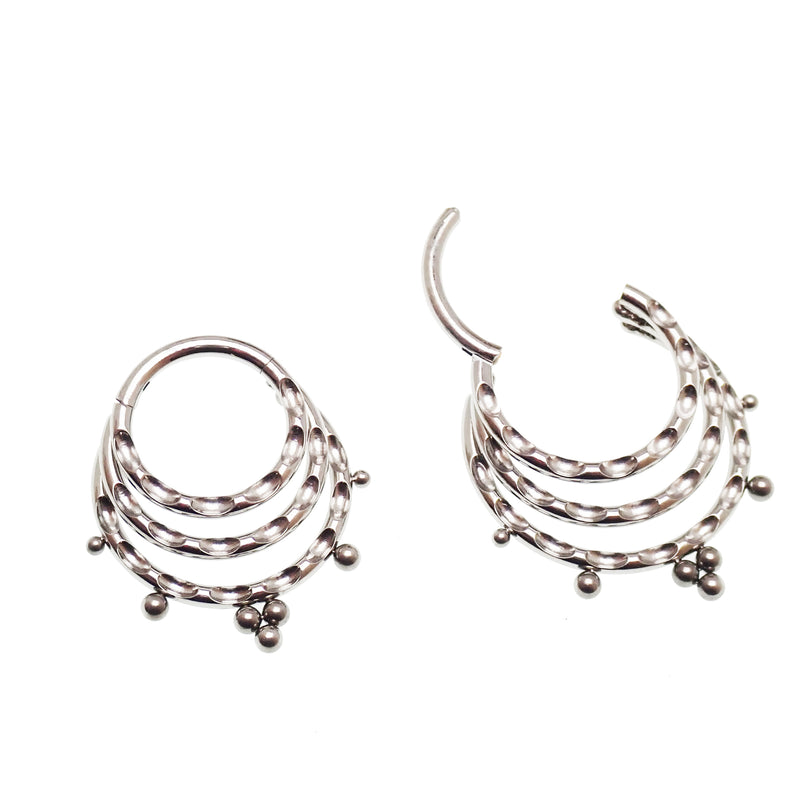 Hammered 3-tier hinged clicker jewelry by Body Clickers with 8mm and 10mm beads, featuring a hammered beaded design.