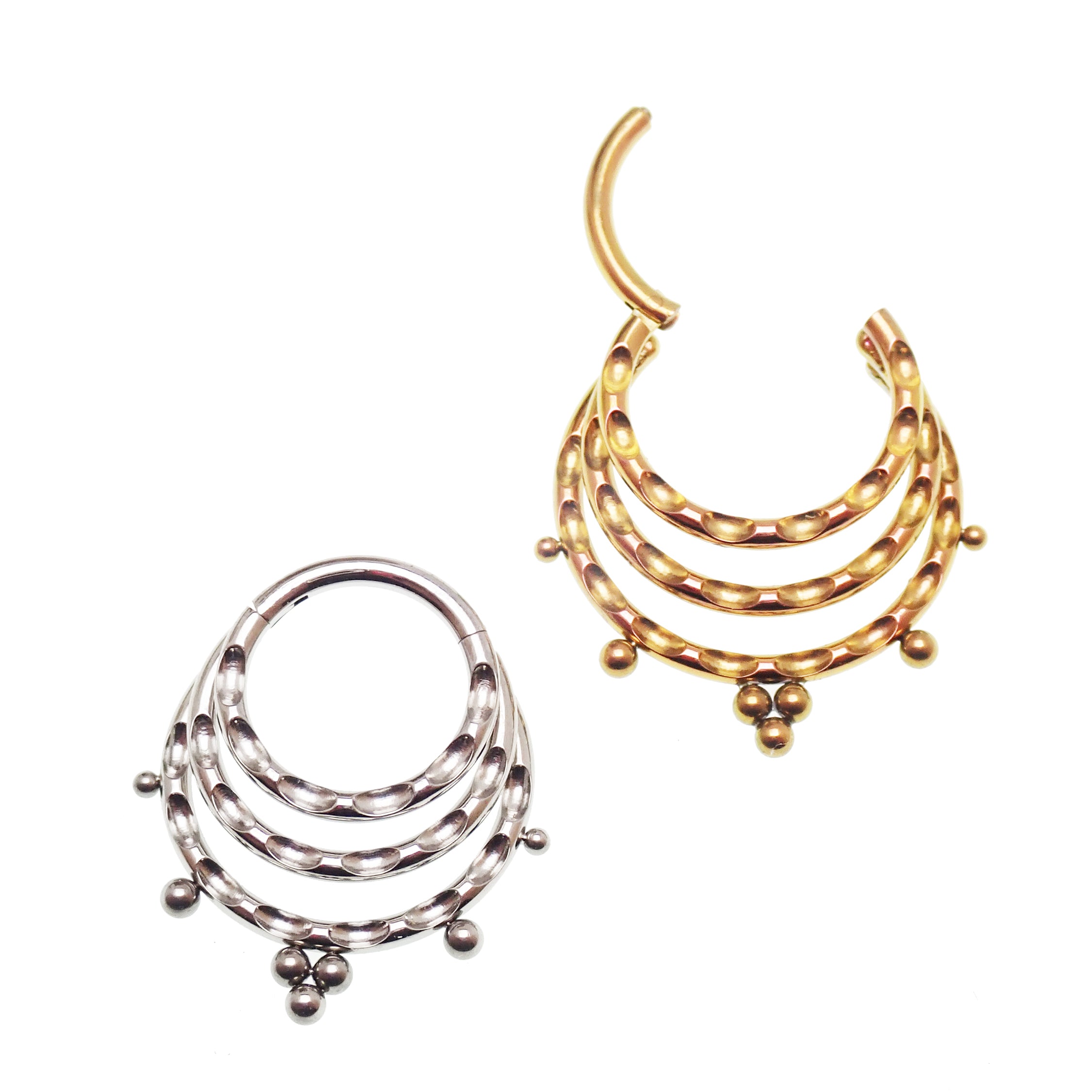 Hammered 16g hinged 3-tier fan clicker with beaded design, 8mm and 10mm sizes, from Body Clickers Body Jewelry.