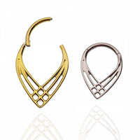 Celtic hinged titanium clicker earring in 16g with elvish design, body jewelry style, showcasing its open hinged clasp.