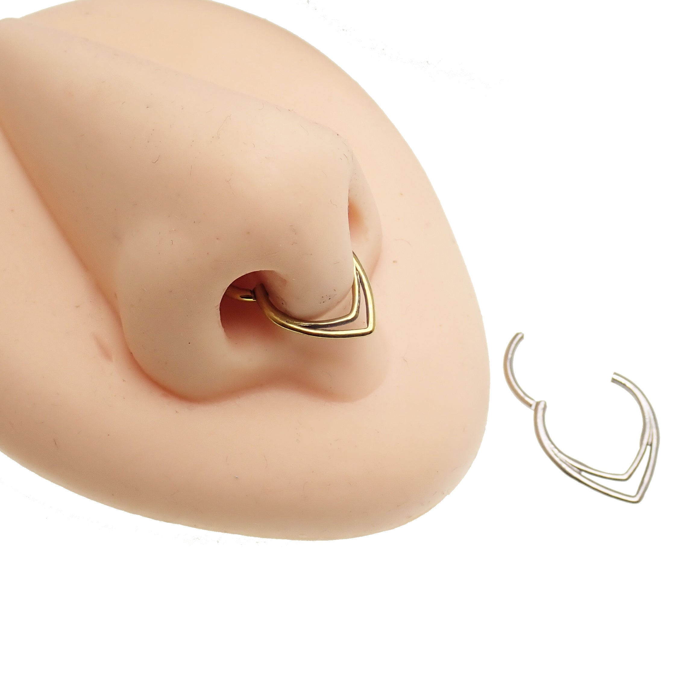 V-shaped hinged clicker body jewelry in 16g, featuring an 8mm design from Body Clickers Body Jewelry.