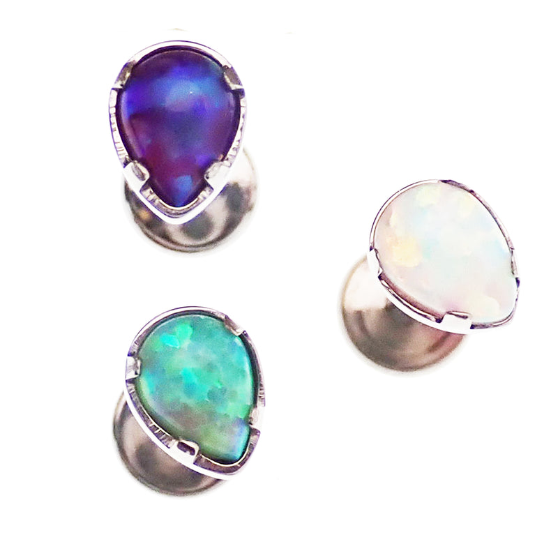 Teardrop fire opal flat back body jewelry by Body Clickers in 14g, 16g, 18g sizes, featuring a 6mm teardrop-shaped gemstone.