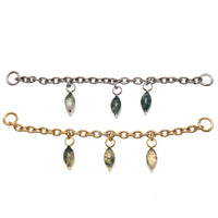 Implant titanium body jewelry chain with moss agate and moonstone charms, featuring natural stone accents and intricate design.
