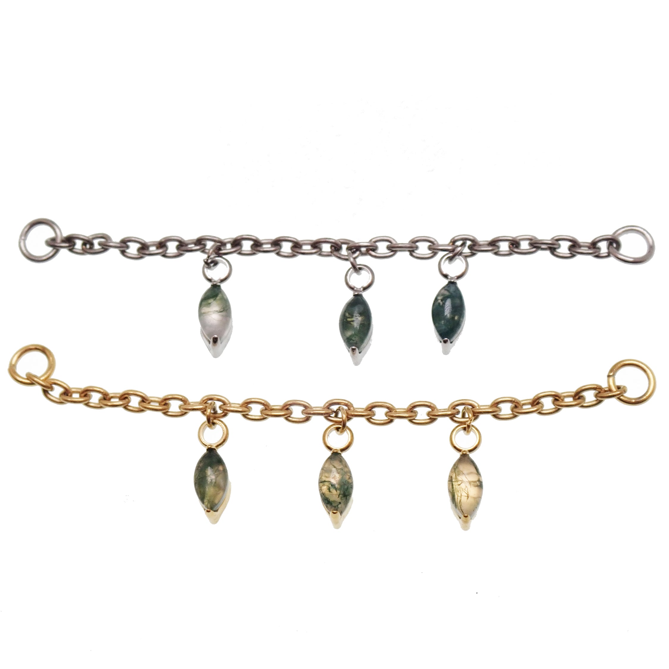 Implant titanium body jewelry chain with moss agate and moonstone charms, featuring natural stone accents and intricate design.