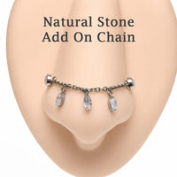 Titanium body jewelry with moss agate and moonstone charms, featuring a natural stone piercing chain by Body Clickers.
