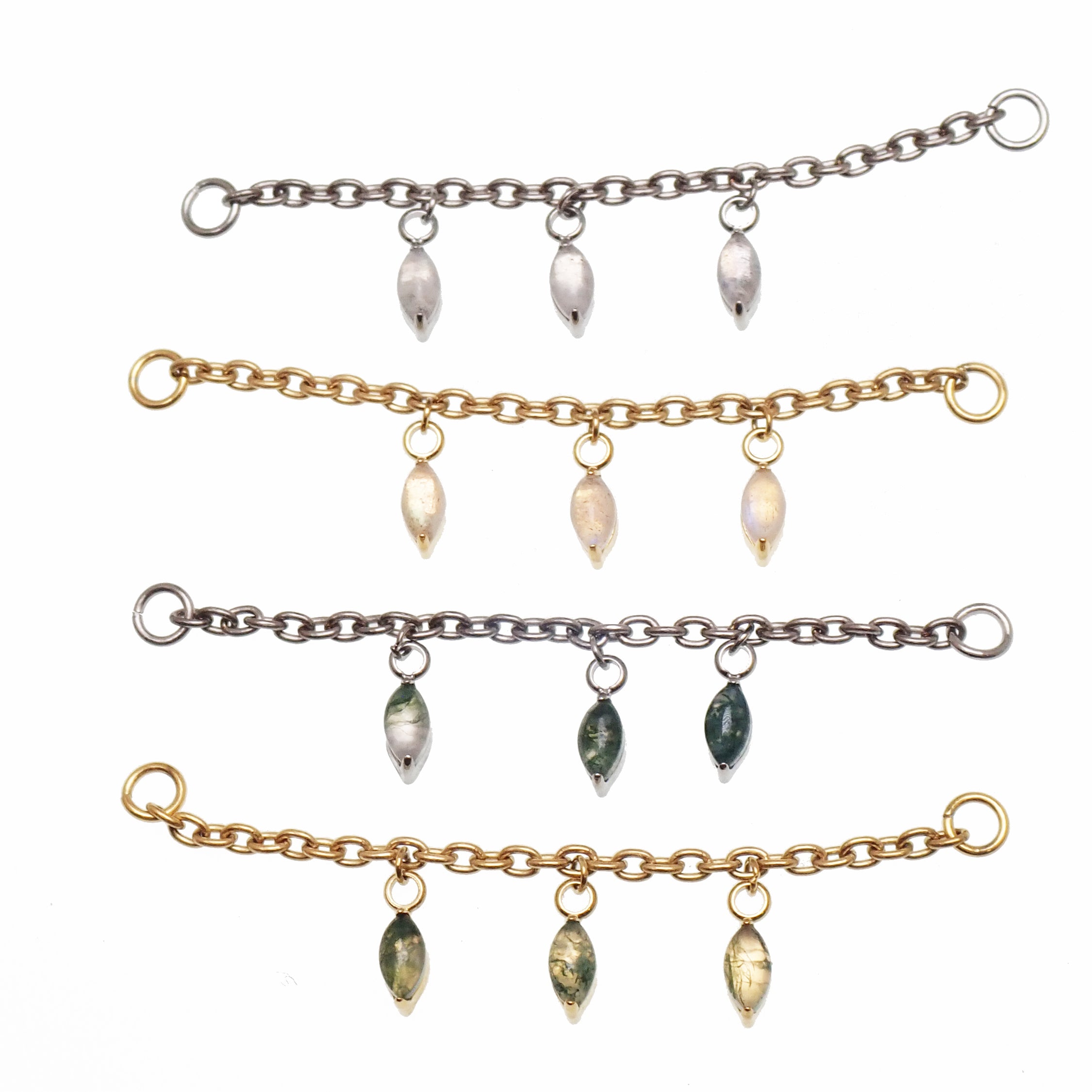 Titanium implant body jewelry chain with moss agate and moonstone charms, featuring natural stone pendants and intricate design.