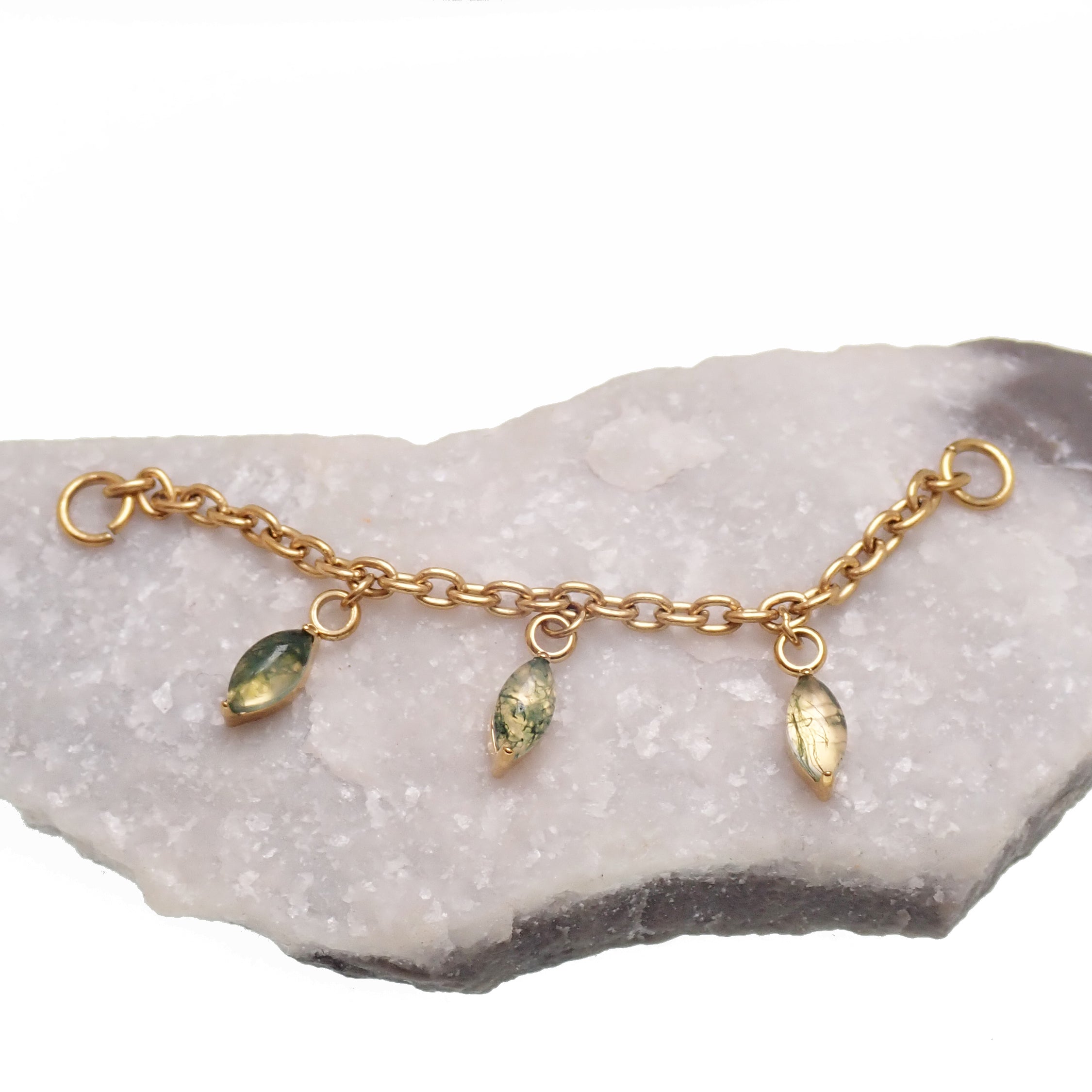 Implant titanium body jewelry chain with moss agate and moonstone charms, featuring natural stone accents and intricate design.