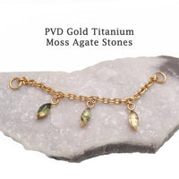 Implant titanium body jewelry chain with moss agate and moonstone charms, featuring natural stone accents and intricate design.