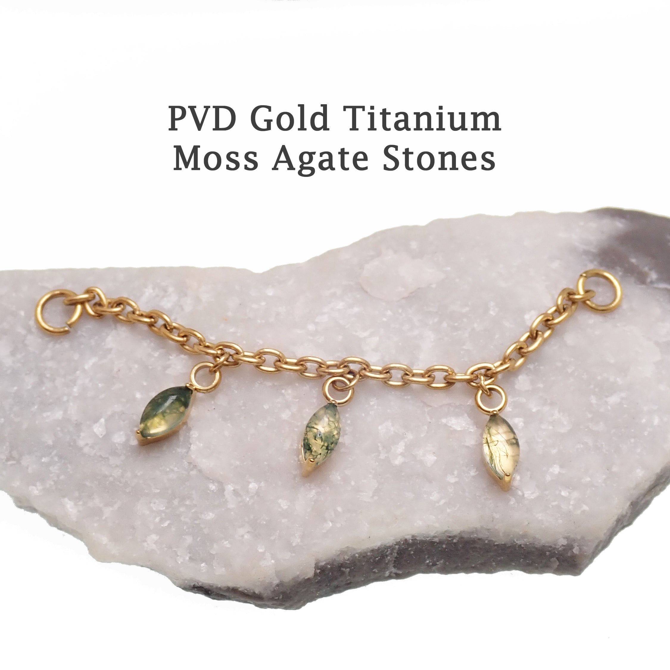 Implant titanium body jewelry chain with moss agate and moonstone charms, featuring natural stone accents and intricate design.