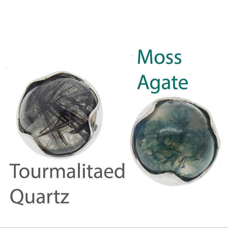 Moss Agate 14G natural stone attachment top for body jewelry by Body Clickers, showcasing a polished stone with silver setting.