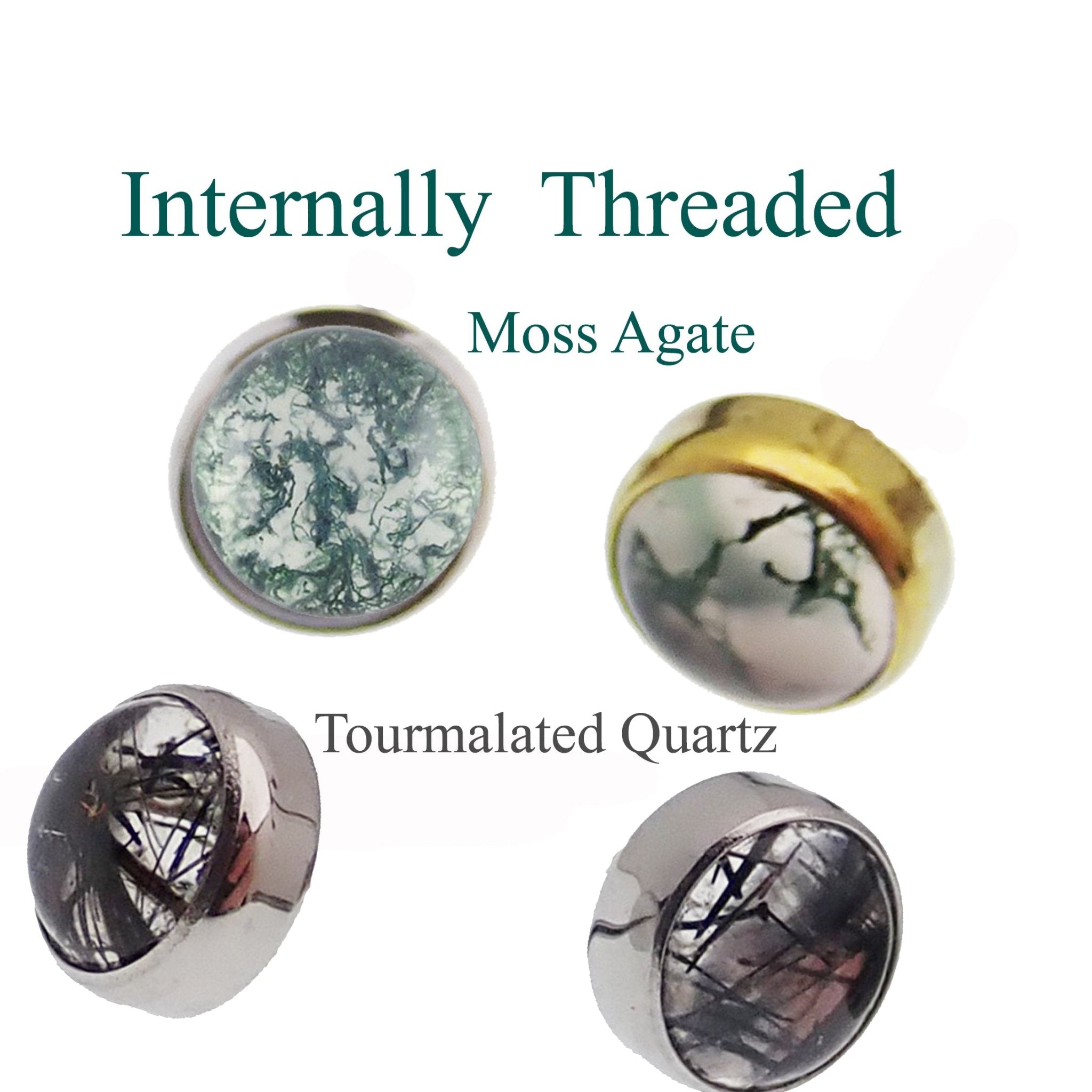 Natural moss agate stone attachment top for body jewelry, 0.9mm gauge by Body Clickers Body Jewelry, showcasing polished gemstone.