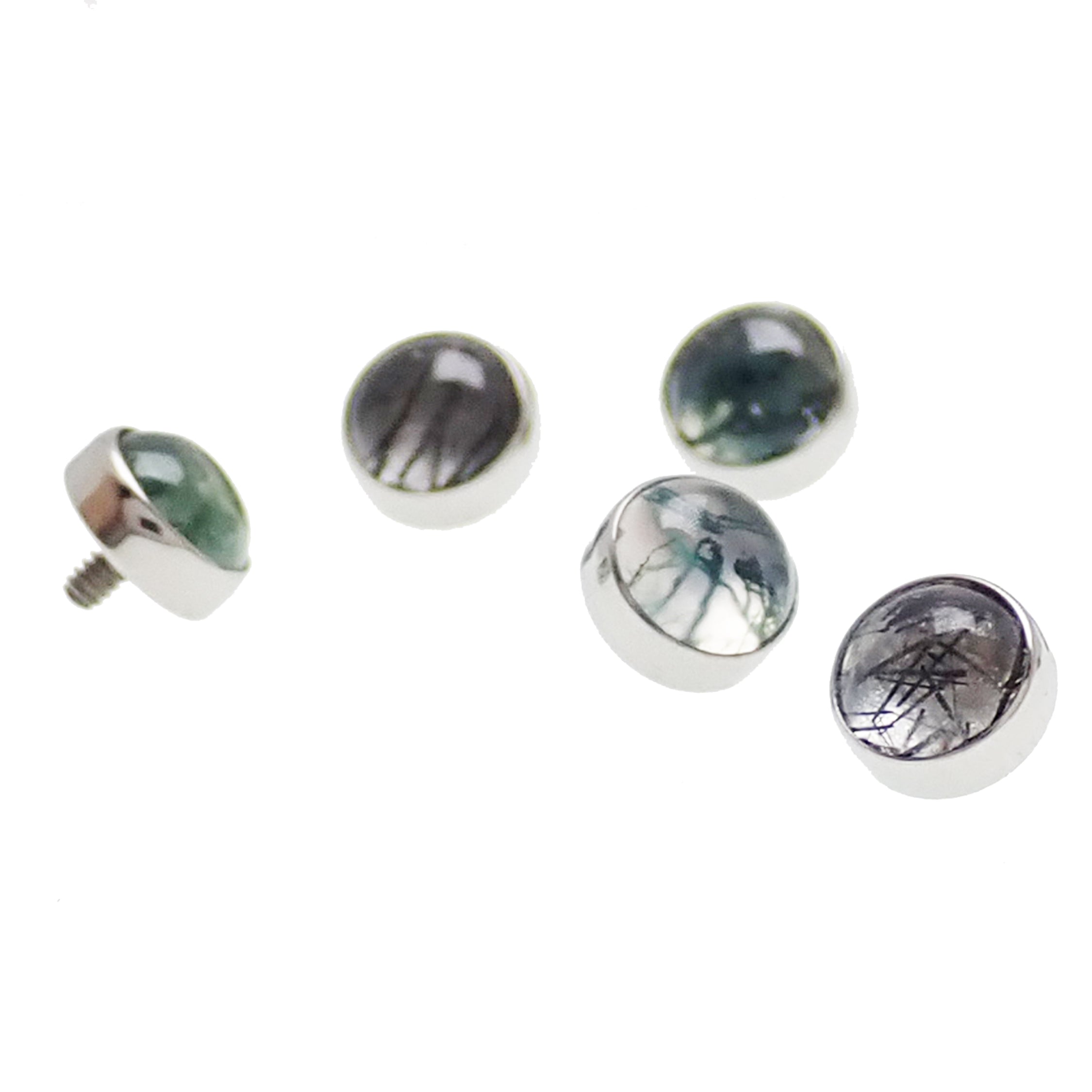 Natural moss agate stone attachment top for body jewelry, 0.9mm, by Body Clickers, showcasing smooth, polished stone with metal setting.