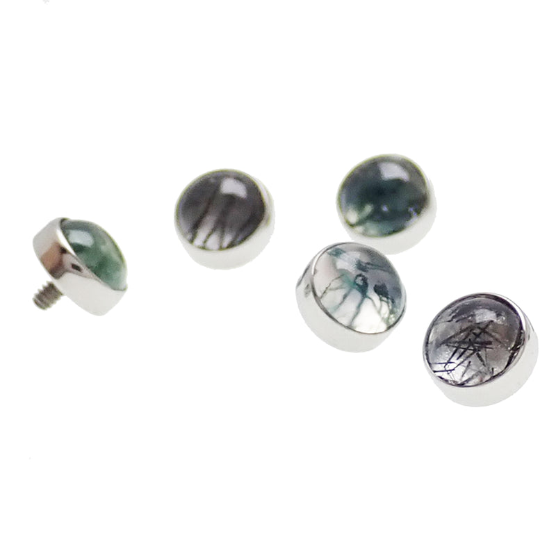 Natural moss agate stone attachment top for body jewelry, 0.9mm, by Body Clickers, showcasing smooth, polished stone with metal setting.