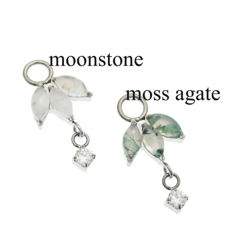 Titanium implant charm with moss agate or moonstone, fits 12g body jewelry, from Body Clickers Body Jewelry.