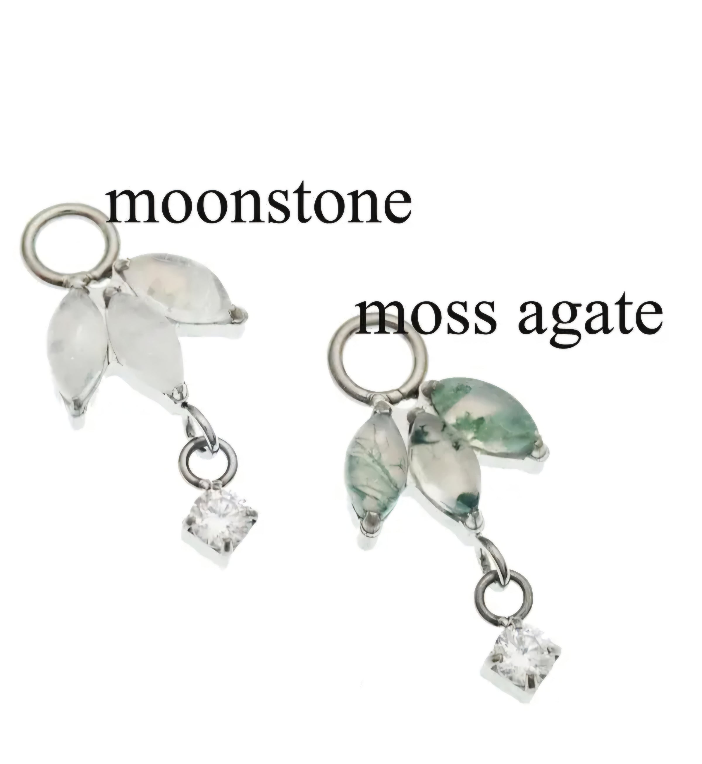 Titanium implant charm with Moss Agate or Moonstone, fits 12g body jewelry, by Body Clickers Body Jewelry.