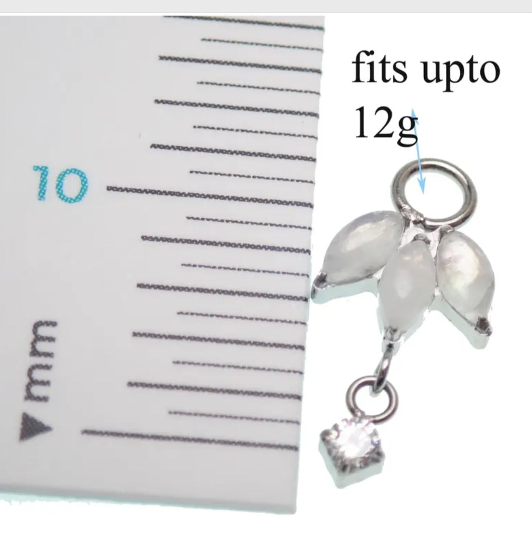 Titanium implant charm with moss agate or moonstone, compatible with 12g body jewelry, by Body Clickers Body Jewelry