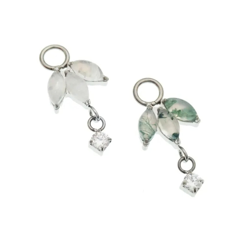 Titanium implant charm with moss agate or moonstone, designed for 12g body jewelry, by Body Clickers Body Jewelry.