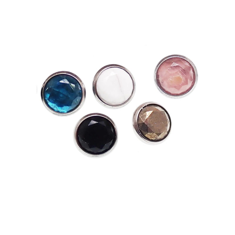Natural stone 5mm dermal tops by Body Clickers, 14g body jewelry with 1.2mm threaded dermal tops featuring blue apatite stones.