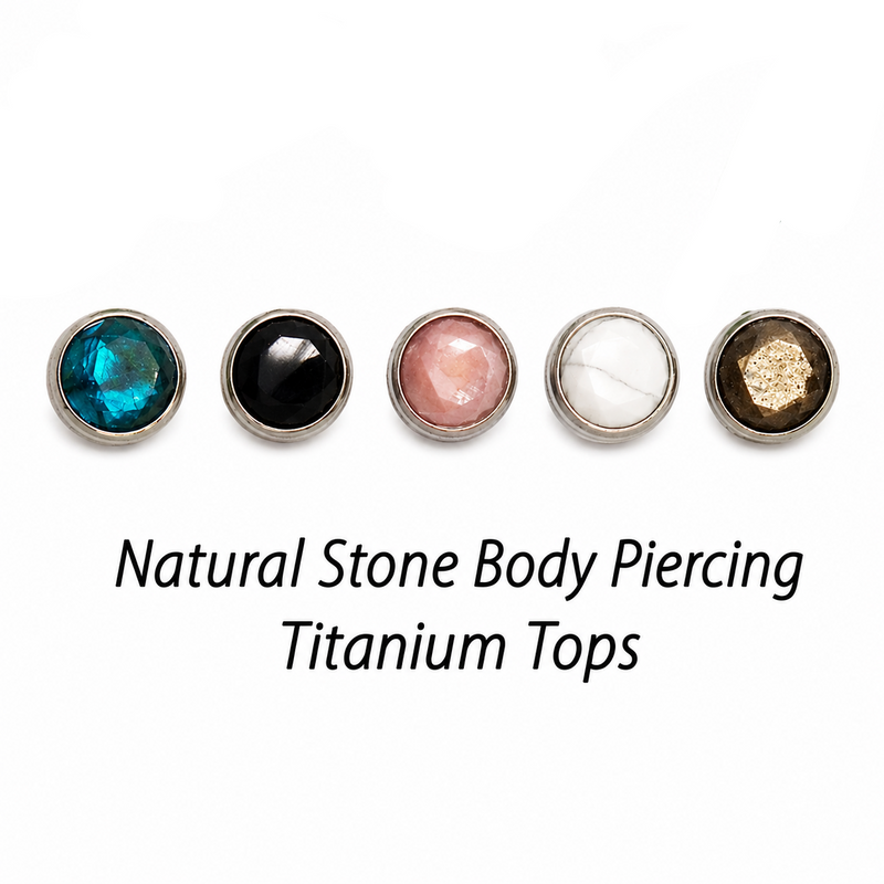 Natural stone 5mm dermal tops for body jewelry by Body Clickers, featuring 14g/1.2mm internally threaded design.