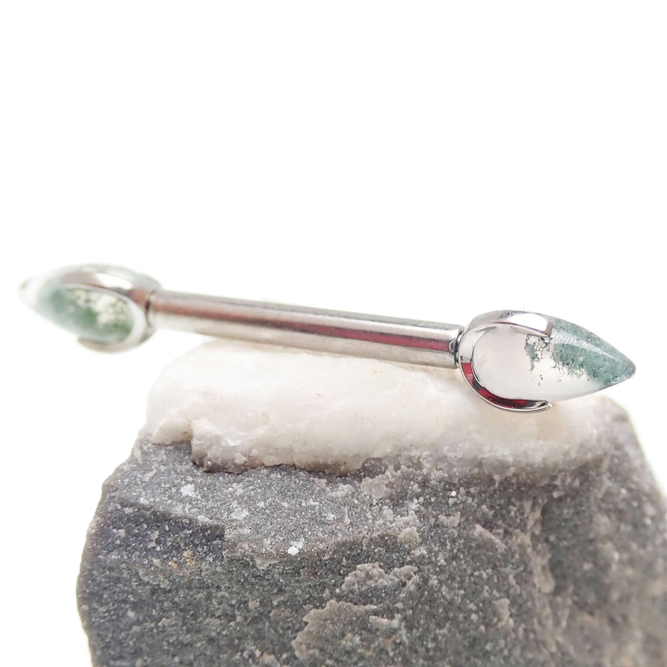Moss Agate Dragon Egg barbell nipple piercing in 16g with 10mm length from Body Clickers Body Jewelry.