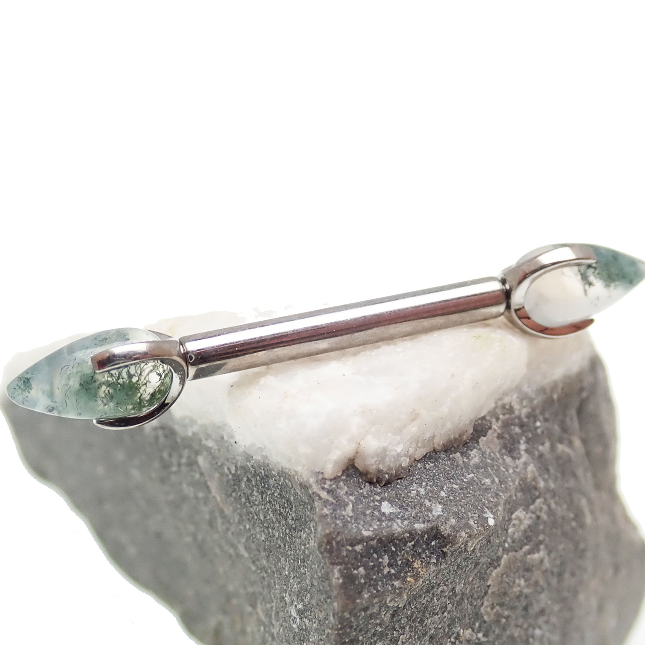 Moss Agate Dragon Egg nipple barbell piercing in 16g by Body Clickers Body Jewelry, featuring a 10mm decorative gemstone.