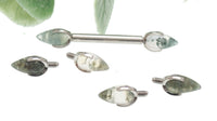 Moss Agate Dragon Egg barbell nipple piercing in 16g from Body Clickers Body Jewelry, featuring a 10mm gemstone and sleek design.