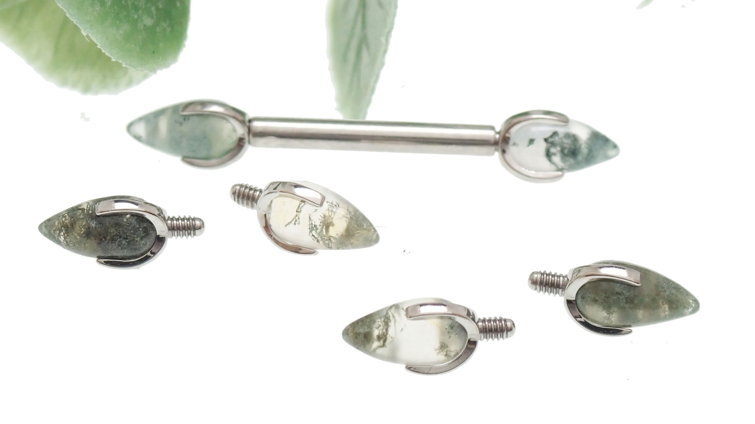 Moss Agate Dragon Egg barbell nipple piercing in 16g from Body Clickers Body Jewelry, featuring a 10mm gemstone and sleek design.
